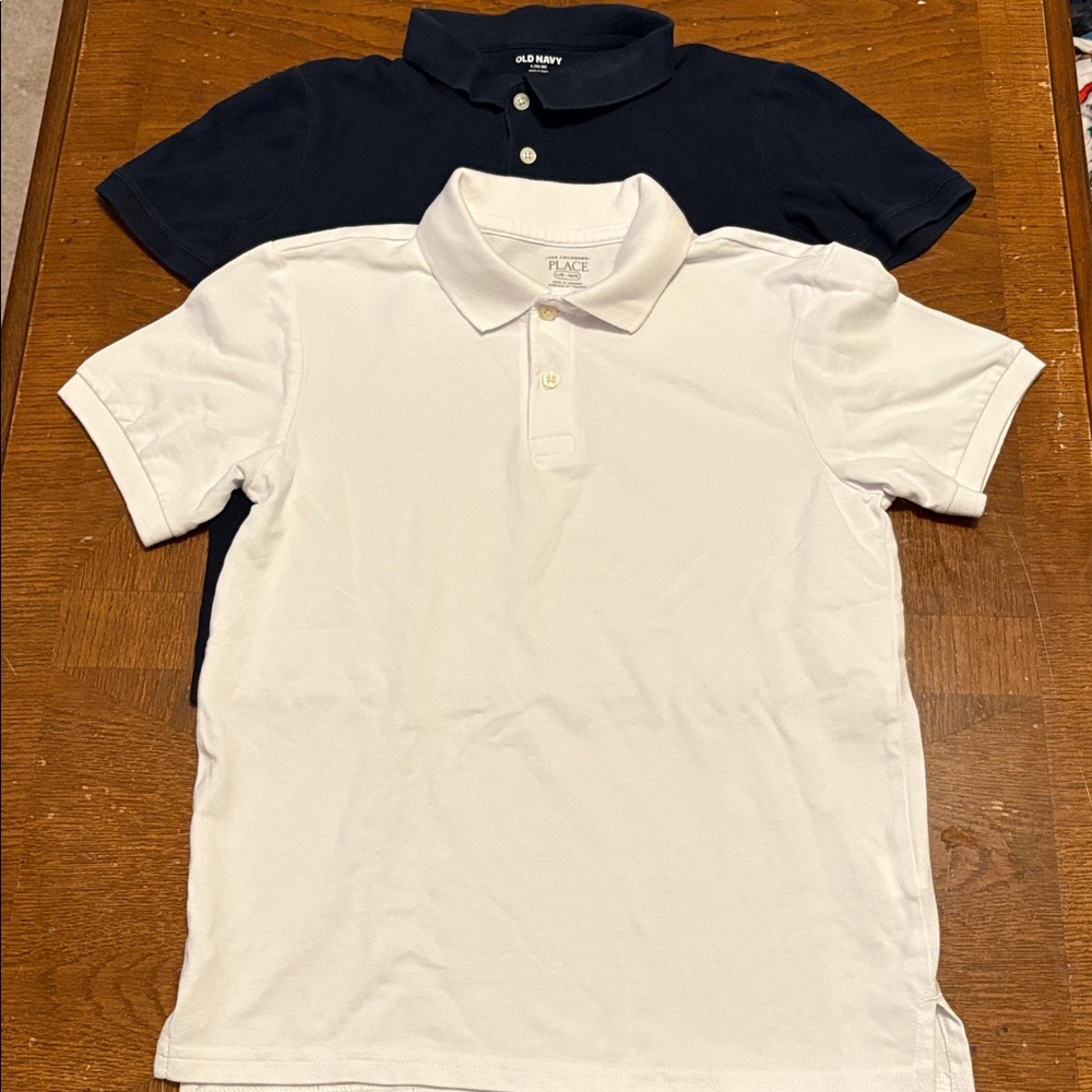 Boys White And Navy Blue Polo Uniform Shirts Size 10-12